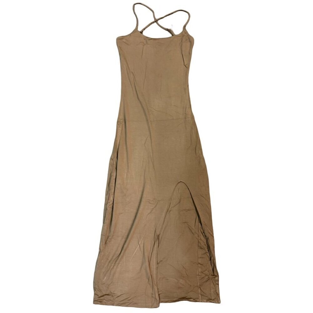 Tan Brown Cross Back Slip Dress Maxi Side Slit Adjustable Straps Womens Small - Picture 2 of 8